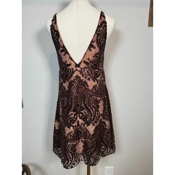 Women's Free People Maroon Sequined Spaghetti Strap V Neck Dress Size 8 - Picture 9 of 11